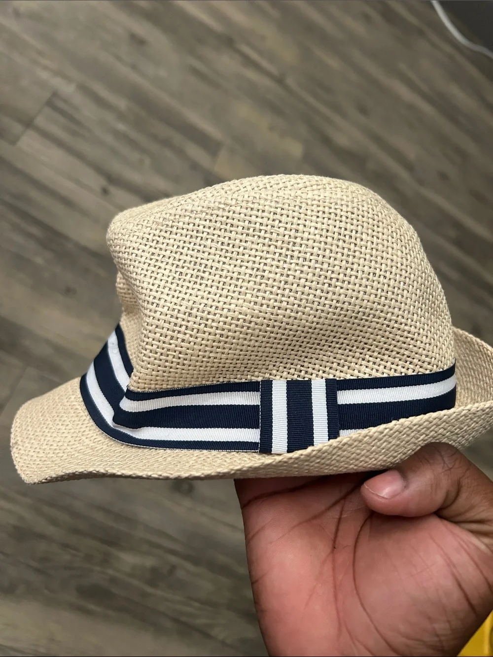 Straw Fedora Hat with Navy & White Ribbon